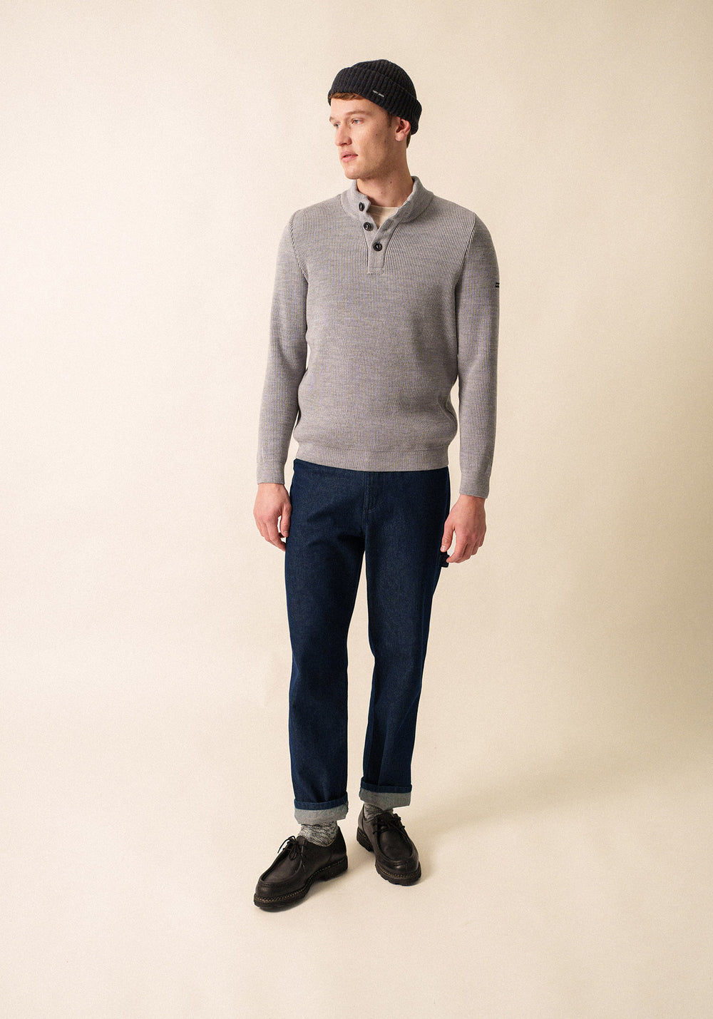 Bourboule buttoned high neck jumper - in wool, herringbone pattern (GRIS CLAIR)