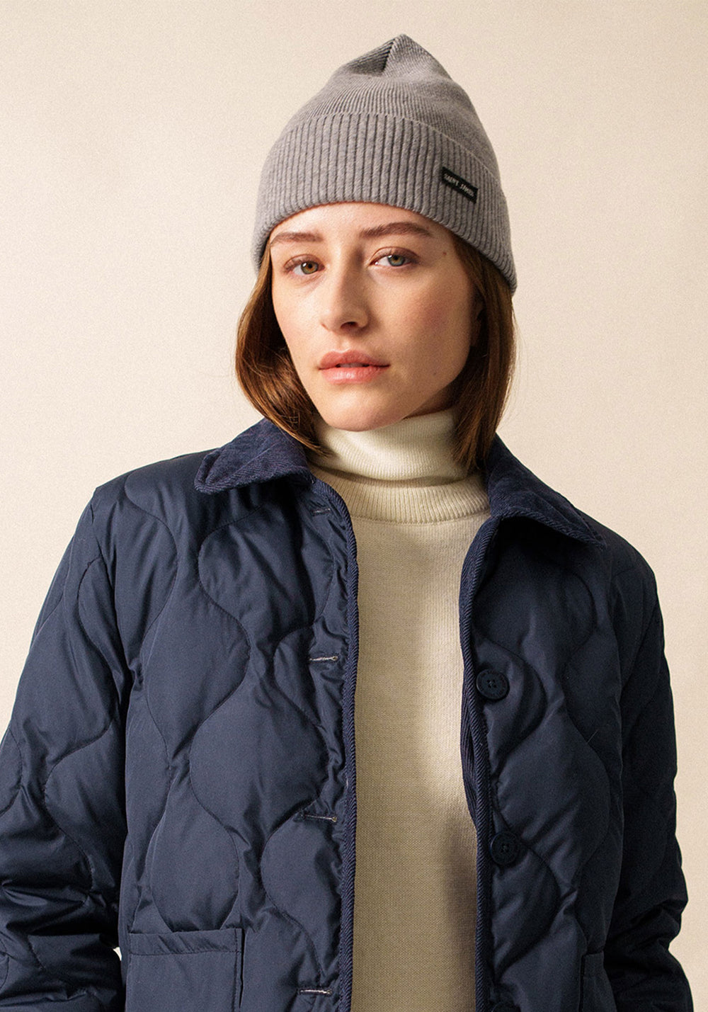 Biriatou cashmere hat - plain, with lapel (GRIS CHINE)