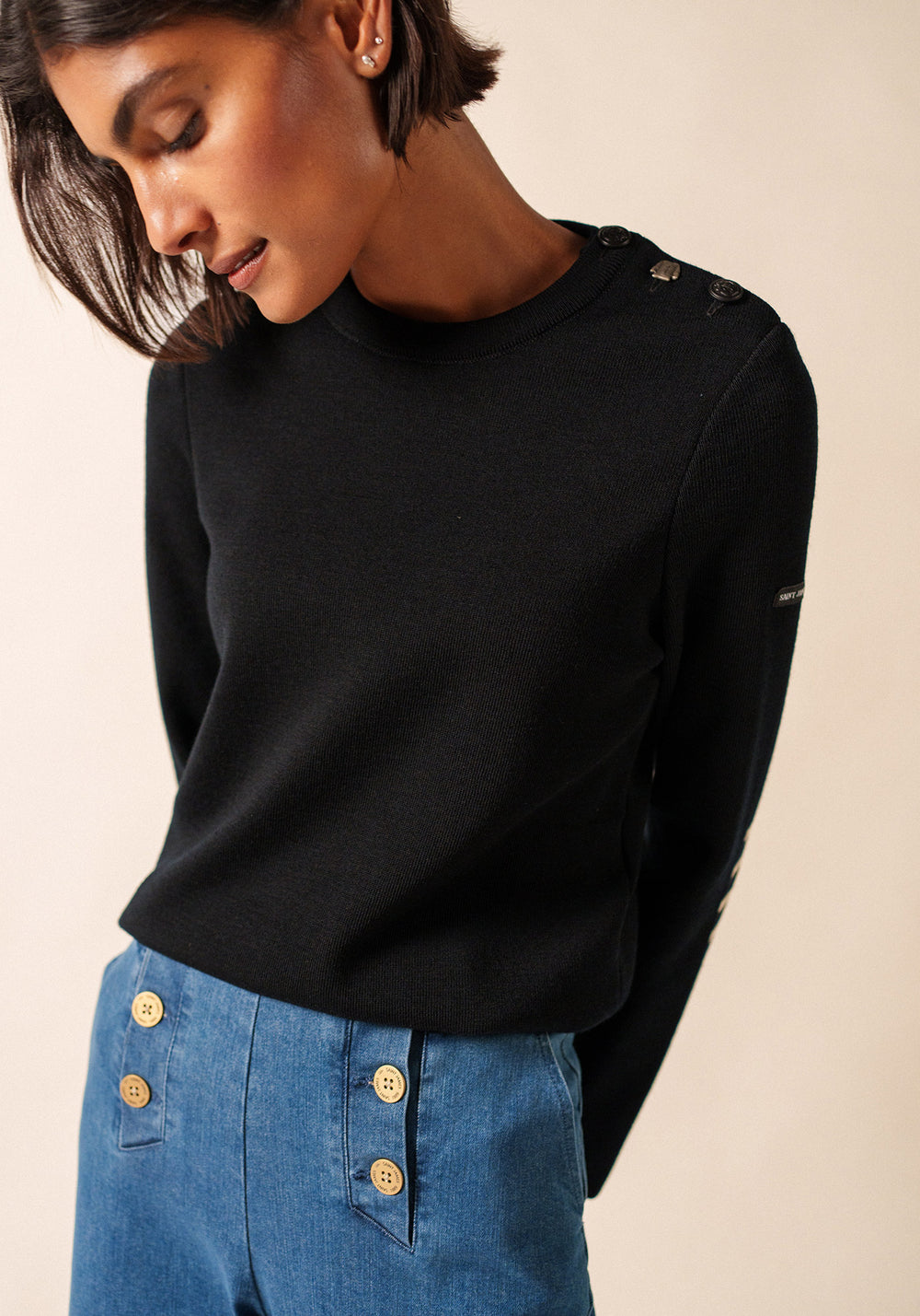 Bregançon plain sailor jumper - striped elbow patches, in wool (NOIR)