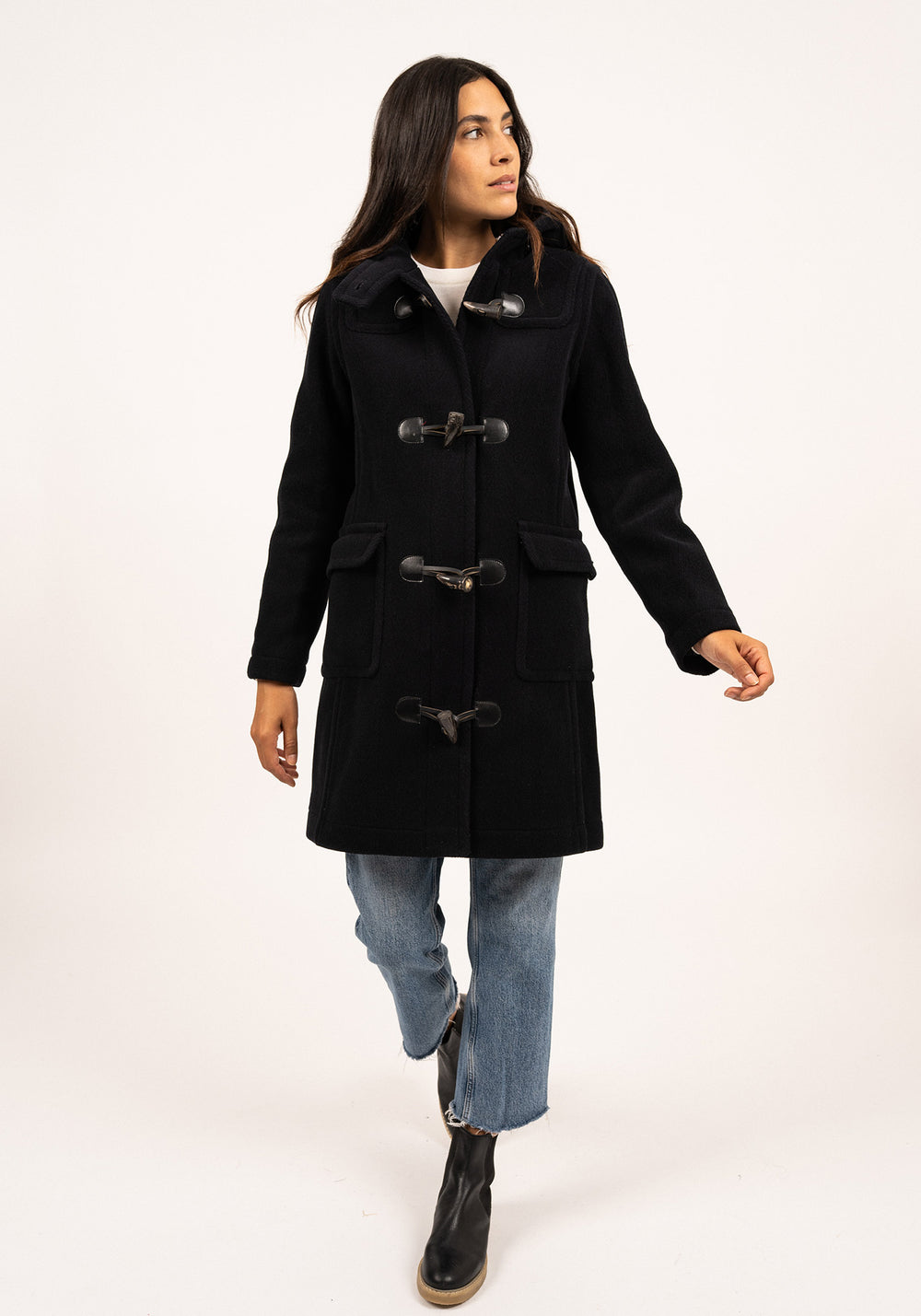 Venus classic duffle-coat - in wool, with herringbone pattern (NAVY)