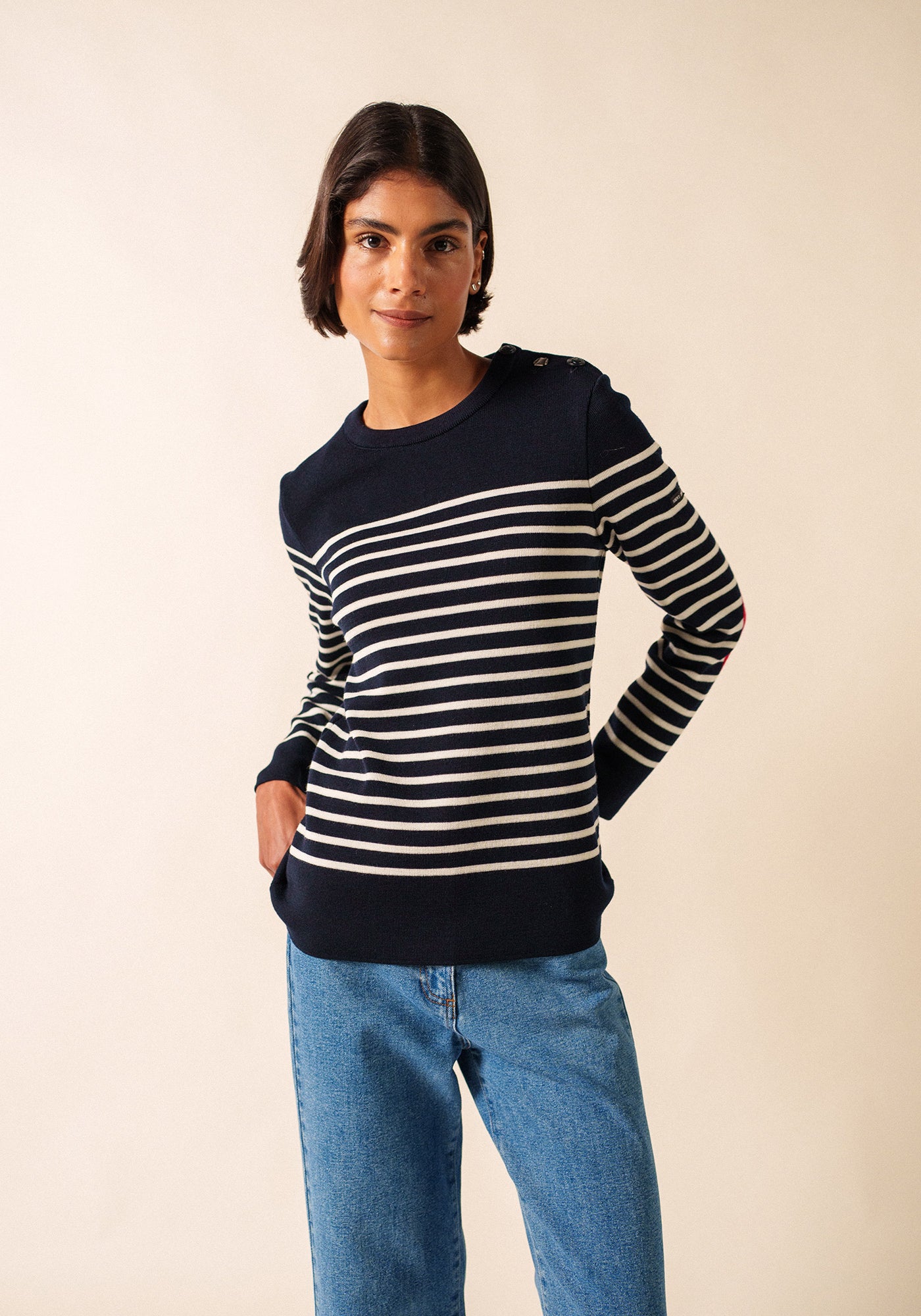 Brégançon striped sailor jumper - with contrasting elbow patches (NAVY/BLANC/TULIPE)