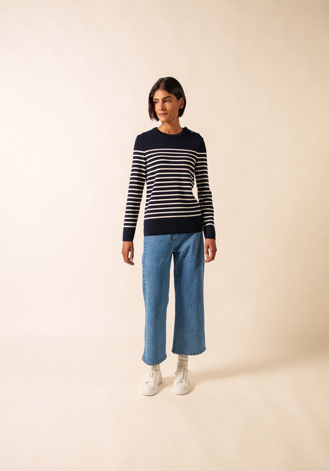 Brégançon striped sailor jumper - with contrasting elbow patches (NAVY/BLANC/TULIPE)
