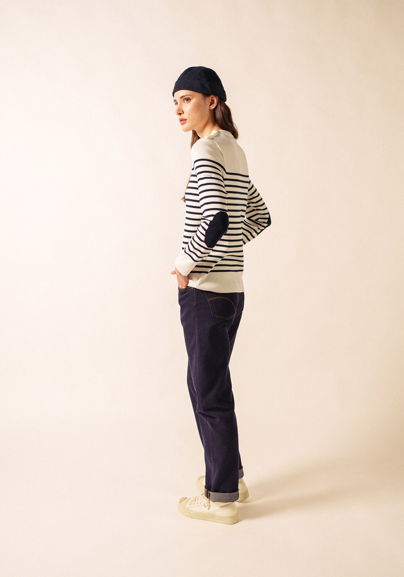 Brégançon striped sailor jumper - with contrasting elbow patches (BLANC/NAVY/NAVY)