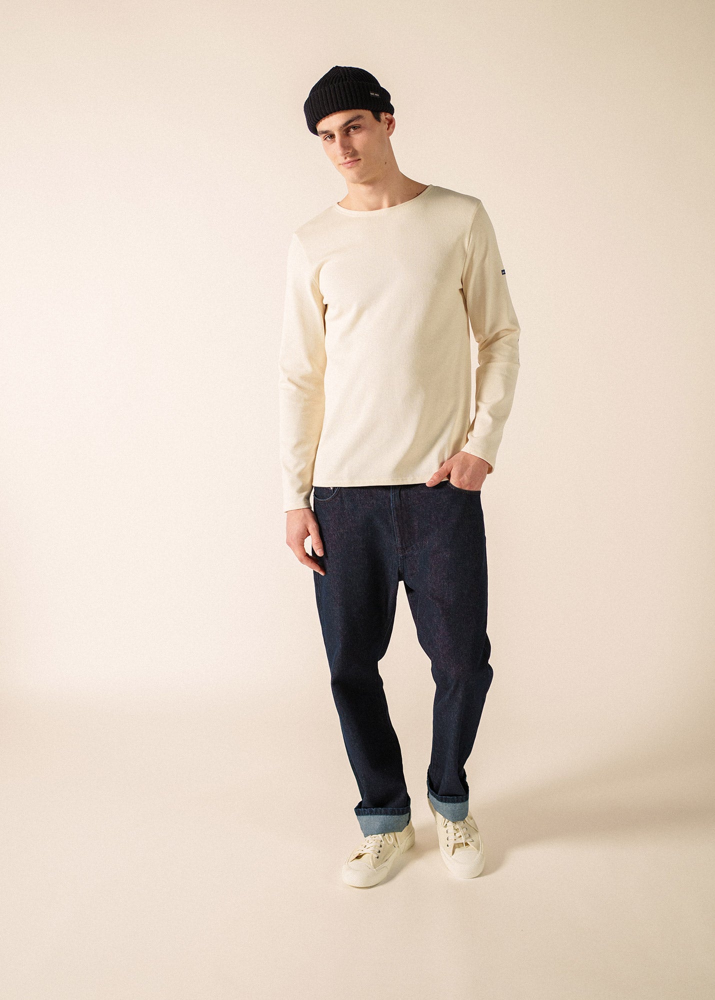 SAINT JAMES - セントジェームス Saint James VAUJANY II 8649 Ecru Marine Vaujany striped sailor shirt for kids in thick cotton jersey