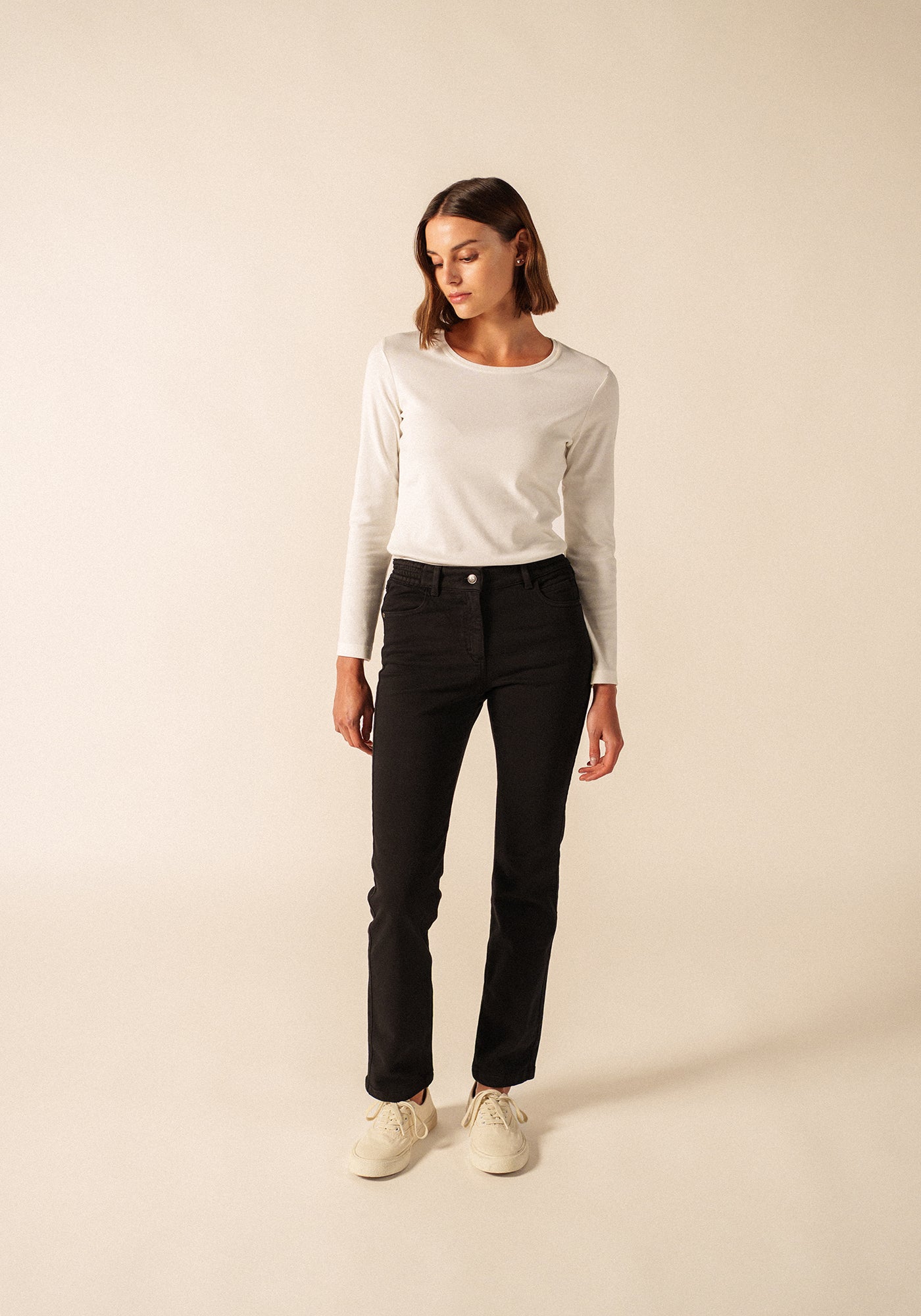 Patricia straight pants - elasticated waist, in stretch cotton (NOIR)