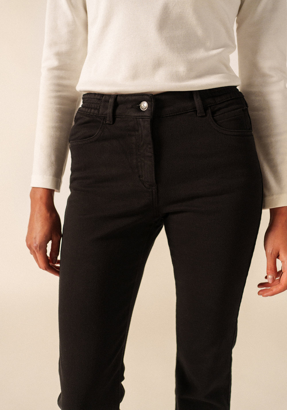 Patricia straight pants - elasticated waist, in stretch cotton (NOIR)