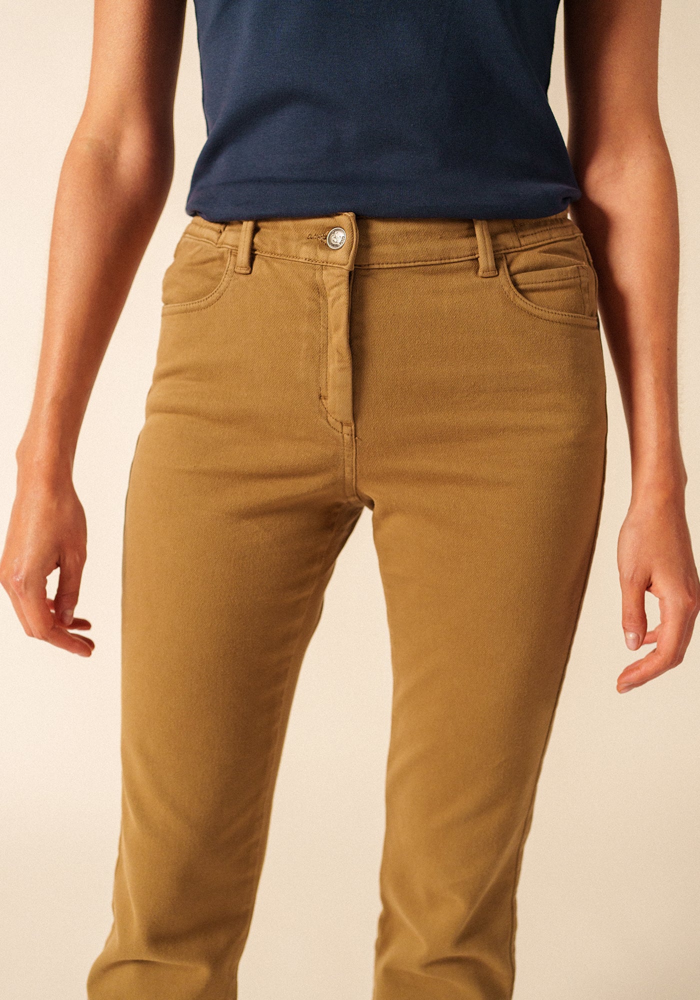 Patricia straight pants - elasticated waist, in stretch cotton (BEIGE FONCE)