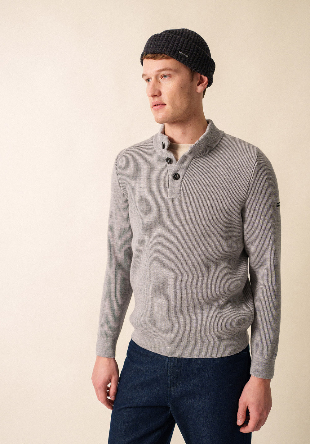 Bourboule buttoned high neck jumper - in wool, herringbone pattern (GRIS CLAIR)