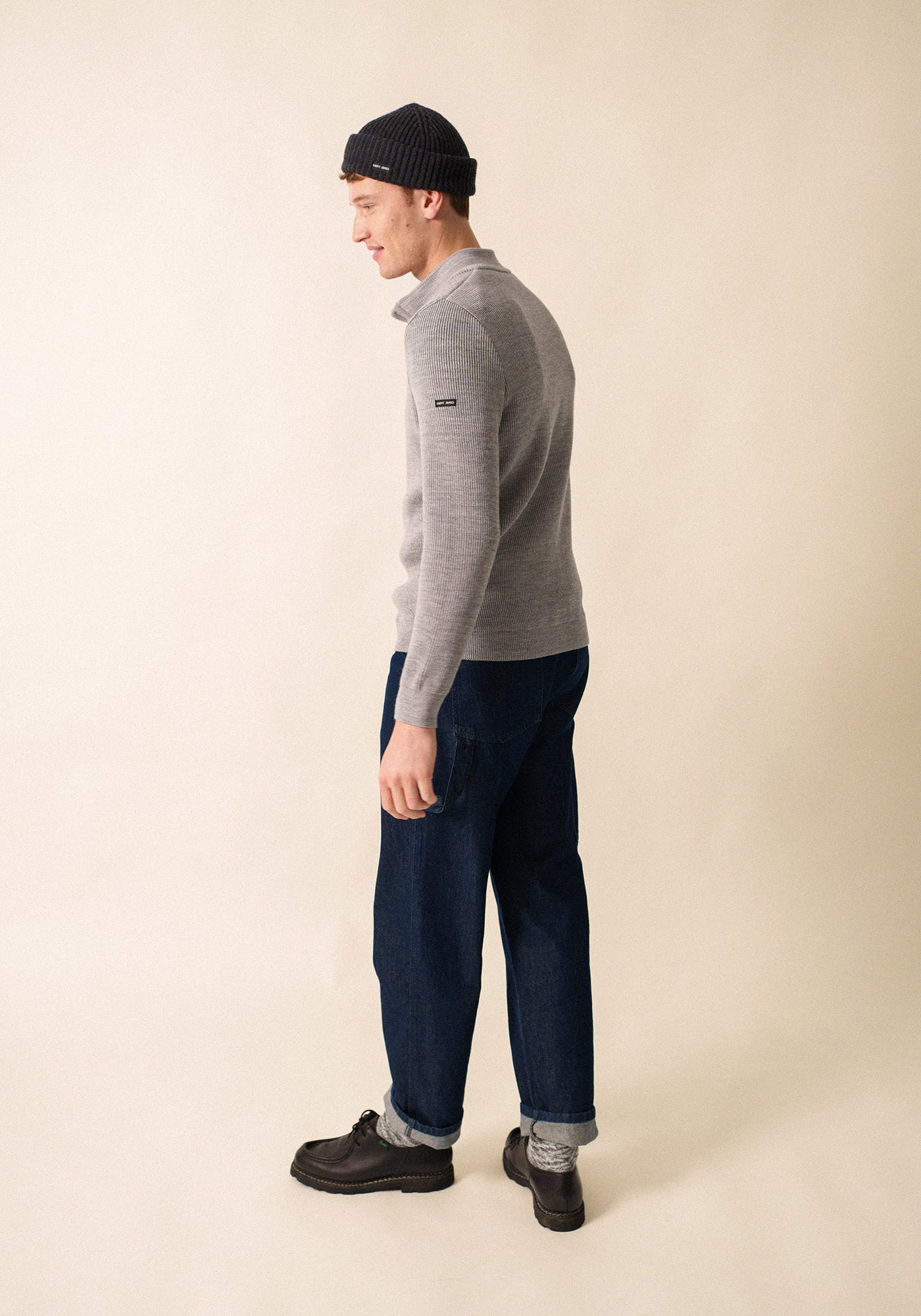 Bourboule buttoned high neck jumper - in wool, herringbone pattern (GRIS CLAIR)