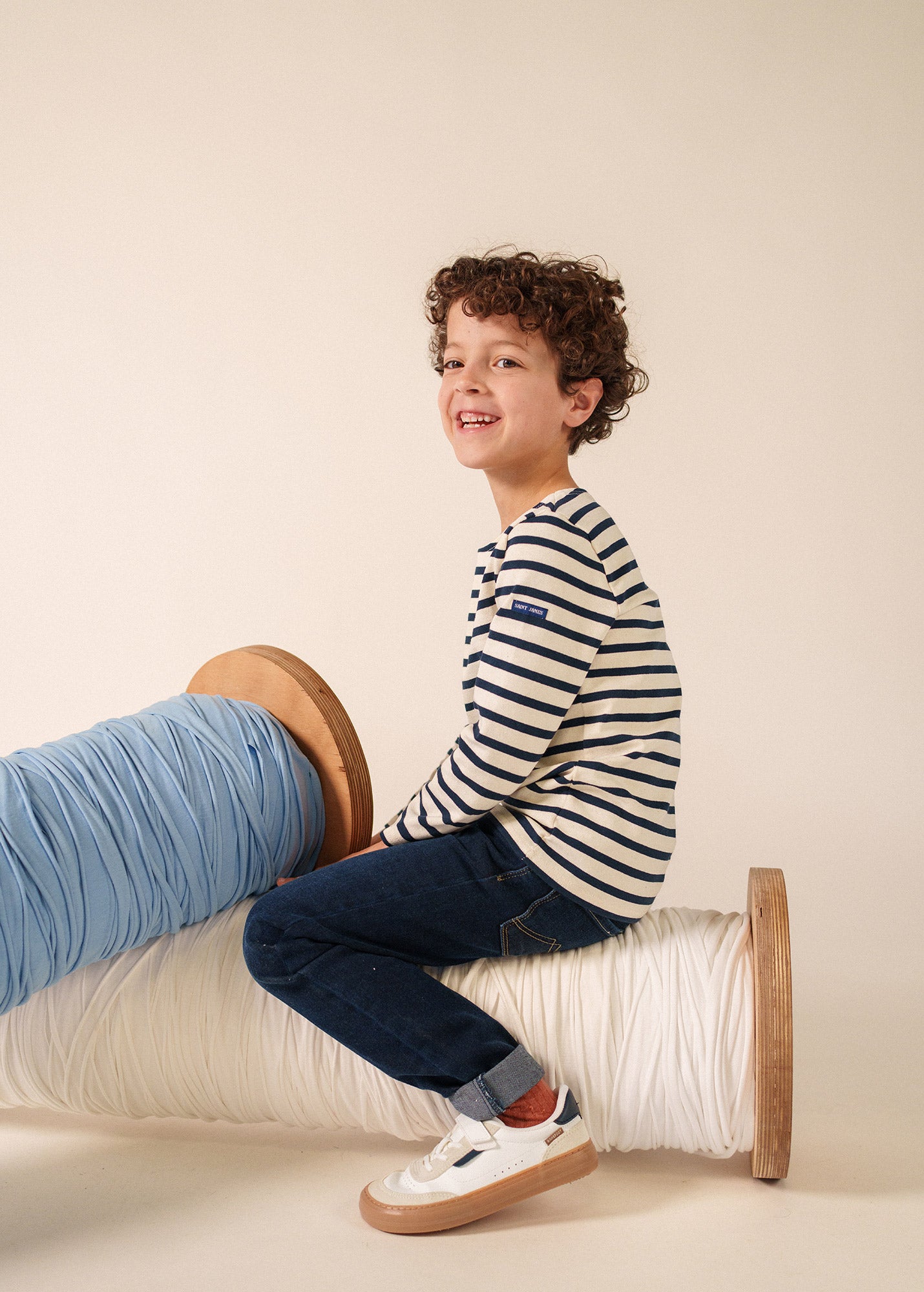SAINT JAMES - セントジェームス Saint James VAUJANY II 8649 Ecru Marine Vaujany striped sailor shirt for kids in thick cotton jersey