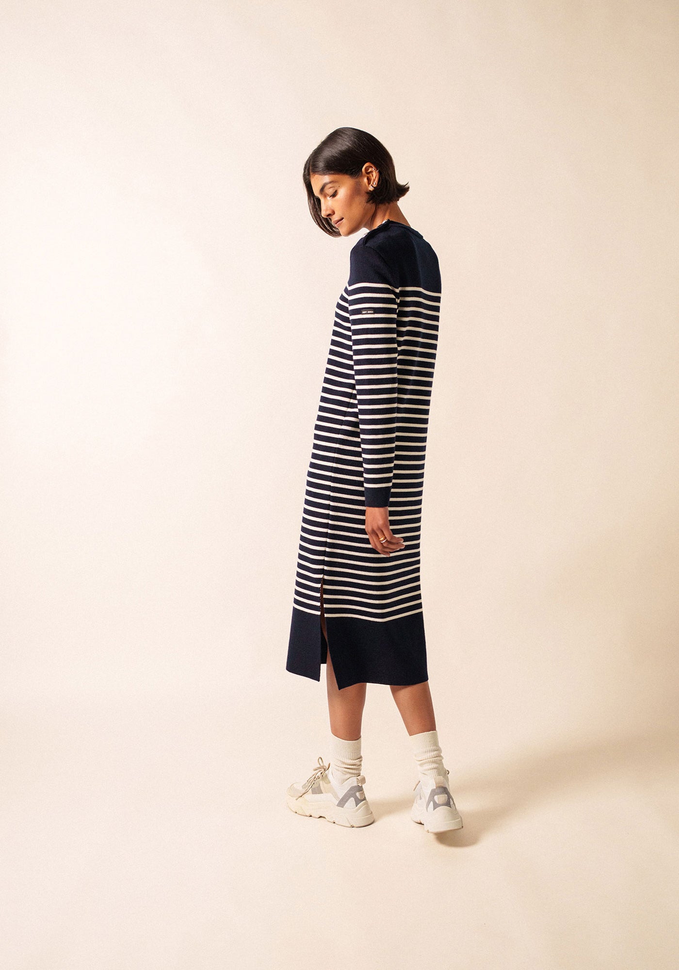 Marée Long Knitted Dress - striped, in wool (NAVY/ECUME)