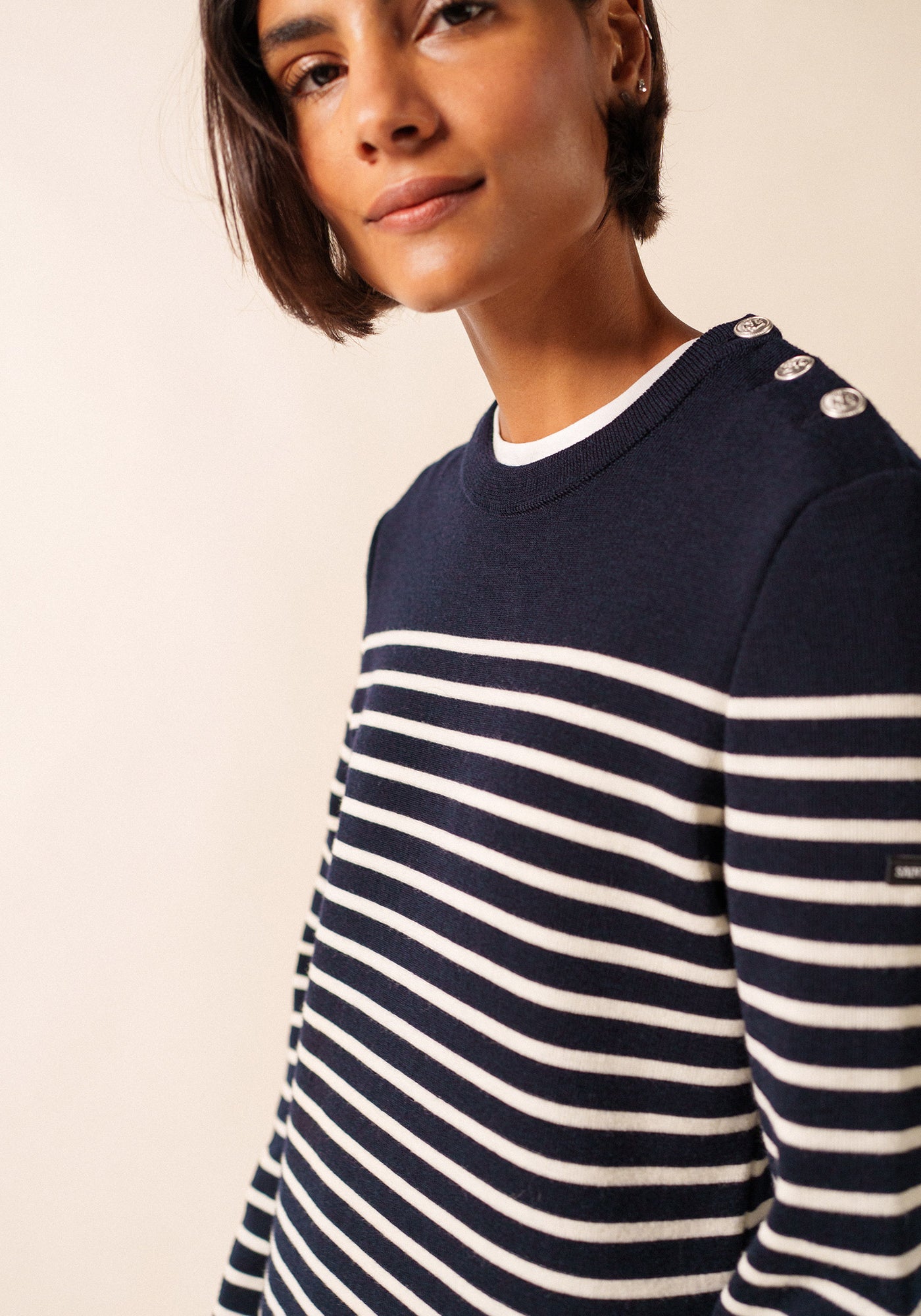 Marée Long Knitted Dress - striped, in wool (NAVY/ECUME)