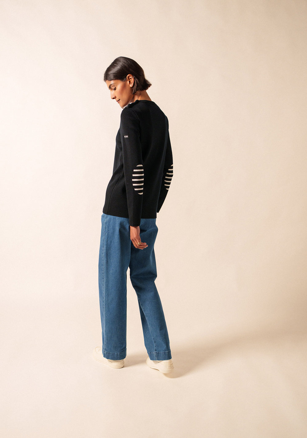 Bregançon plain sailor jumper - striped elbow patches, in wool (NOIR)