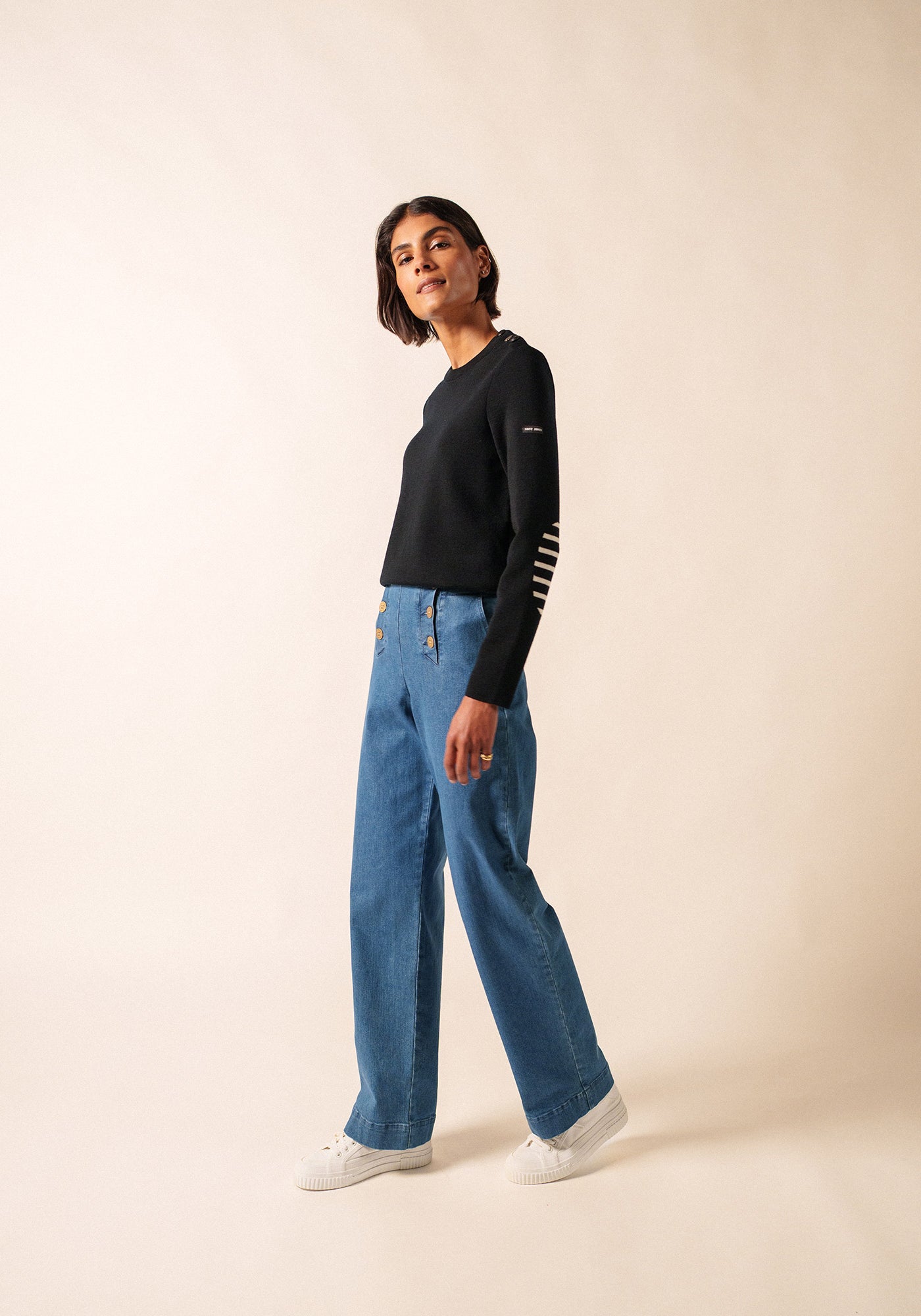 Bregançon plain sailor jumper - striped elbow patches, in wool (NOIR)