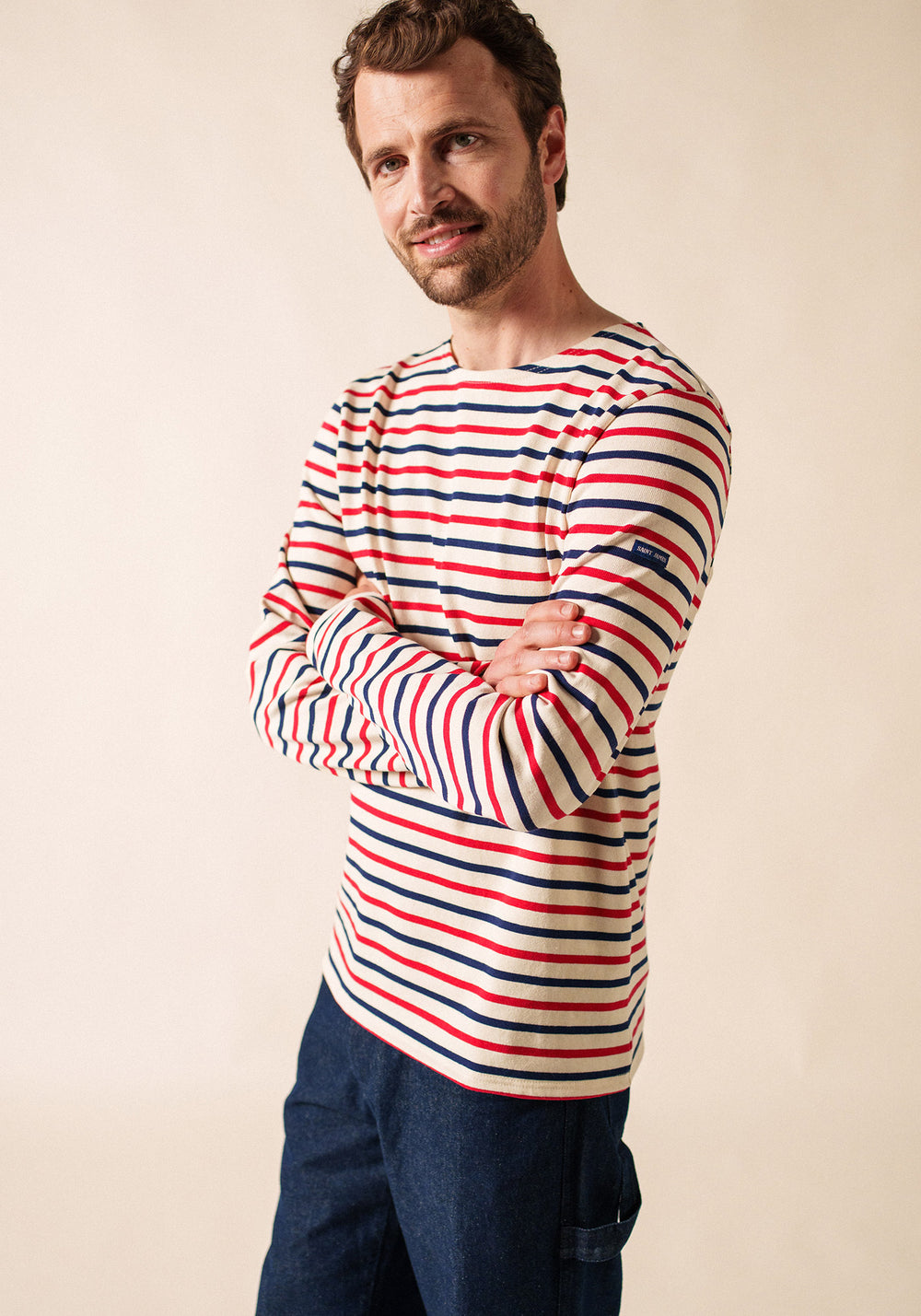 Meridien unisex tricolour striped sailor shirt - regular fit, in thick cotton (ECRU/MARIN/TULIPE)