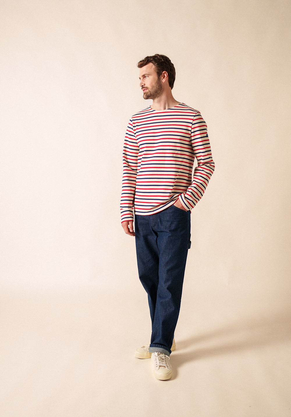 Meridien unisex tricolour striped sailor shirt - regular fit, in thick cotton (ECRU/MARIN/TULIPE)