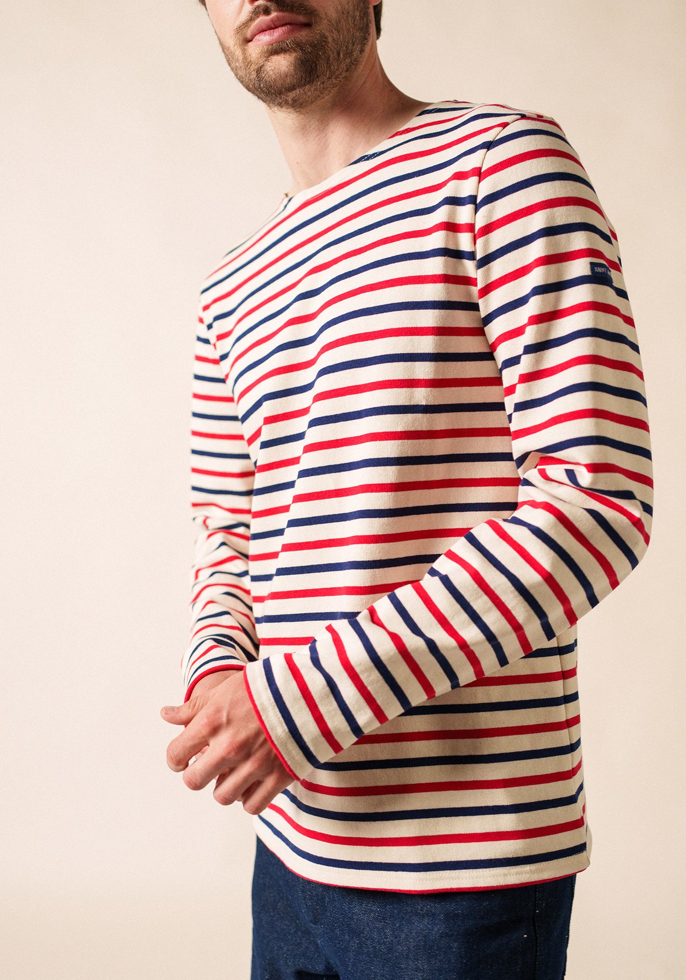 Meridien unisex tricolour striped sailor shirt - regular fit, in thick cotton (ECRU/MARIN/TULIPE)