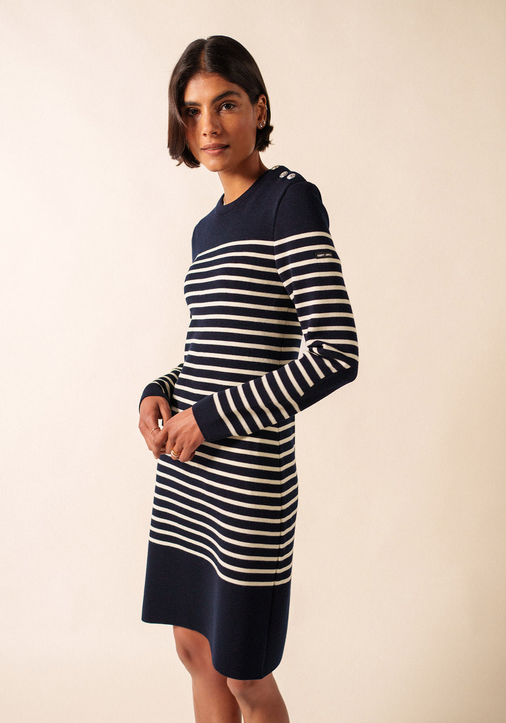 Grande Marée striped jumper dress - in wool, shoulder buttoning (NAVY/ECUME)