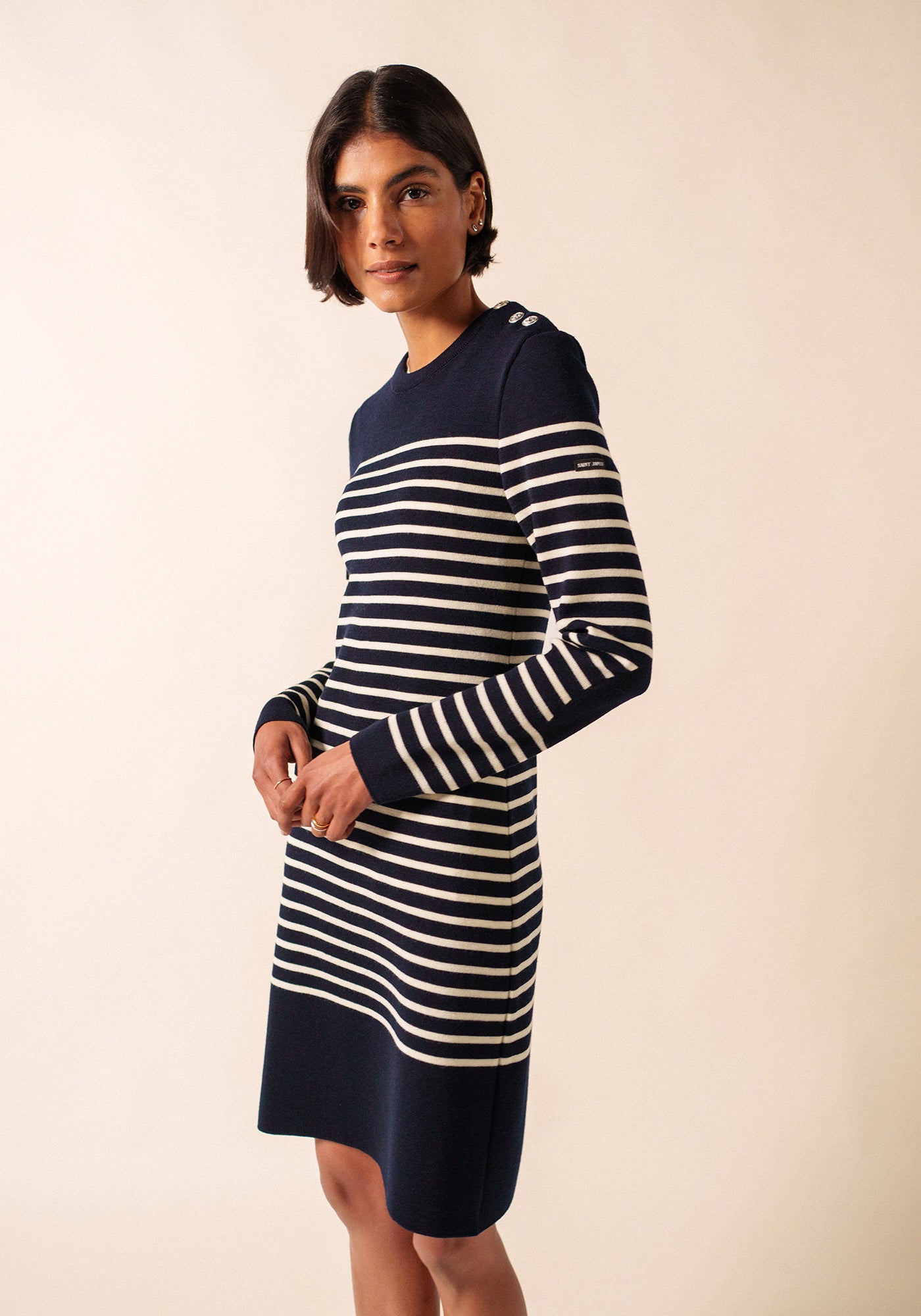 Grande Marée striped jumper dress in wool, shoulder buttoning Grande Marée striped jumper dress in wool, shoulder buttoning