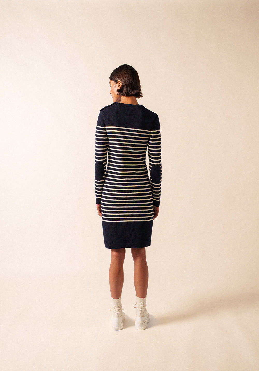Grande Marée striped jumper dress - in wool, shoulder buttoning (NAVY/ECUME)