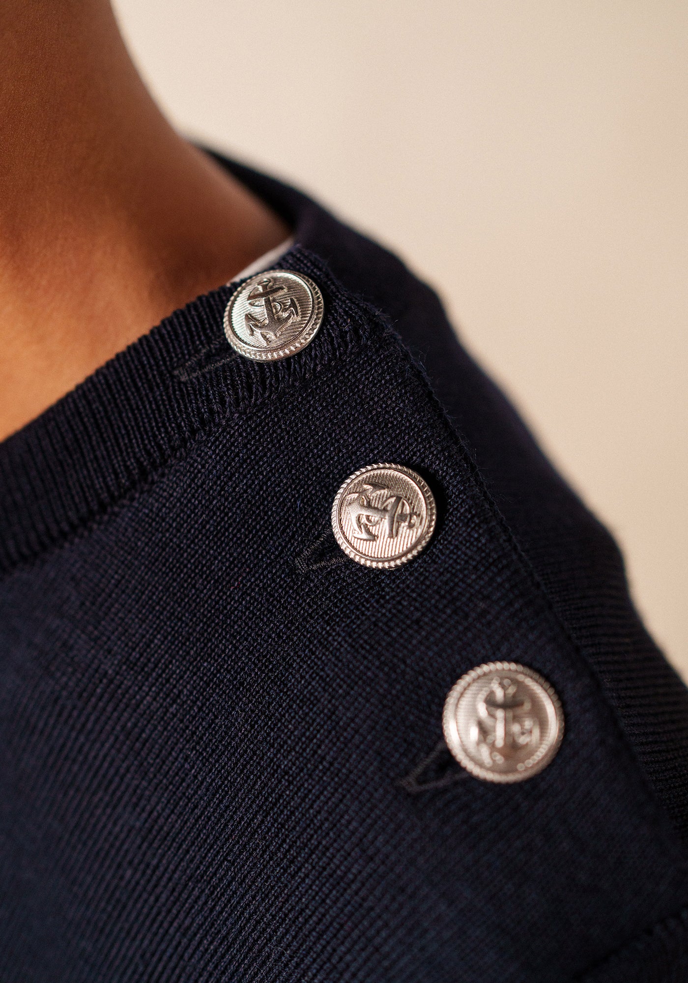 Grande Marée striped jumper dress - in wool, shoulder buttoning (NAVY/ECUME)