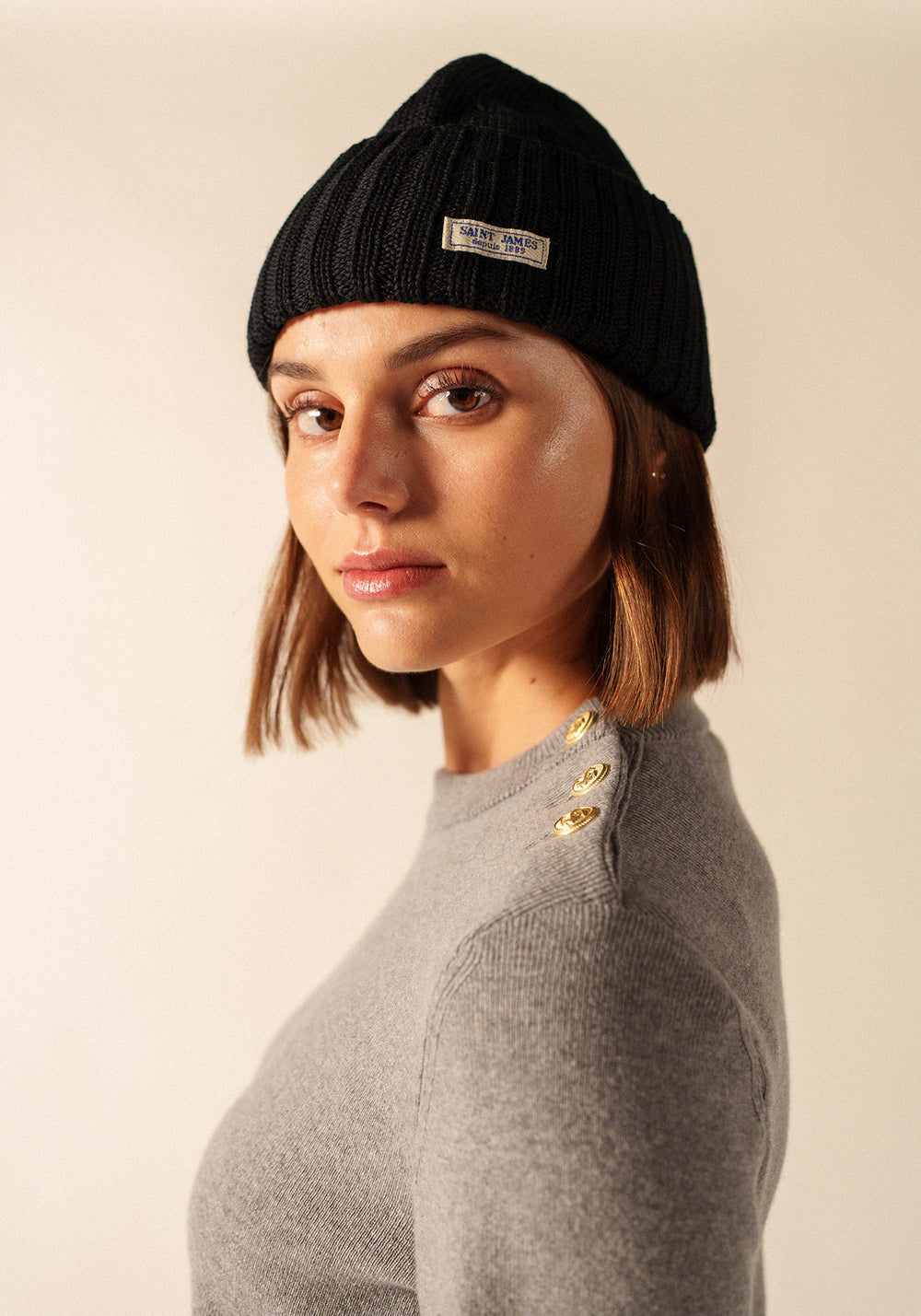 Barbaresque turn-up hat - in knitted wool (NOIR)