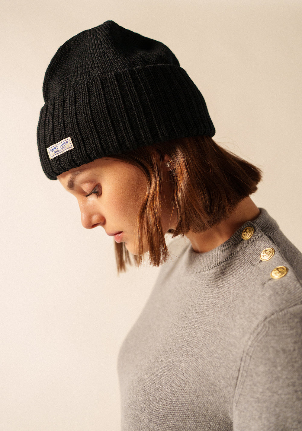 Barbaresque turn-up hat - in knitted wool (NOIR)