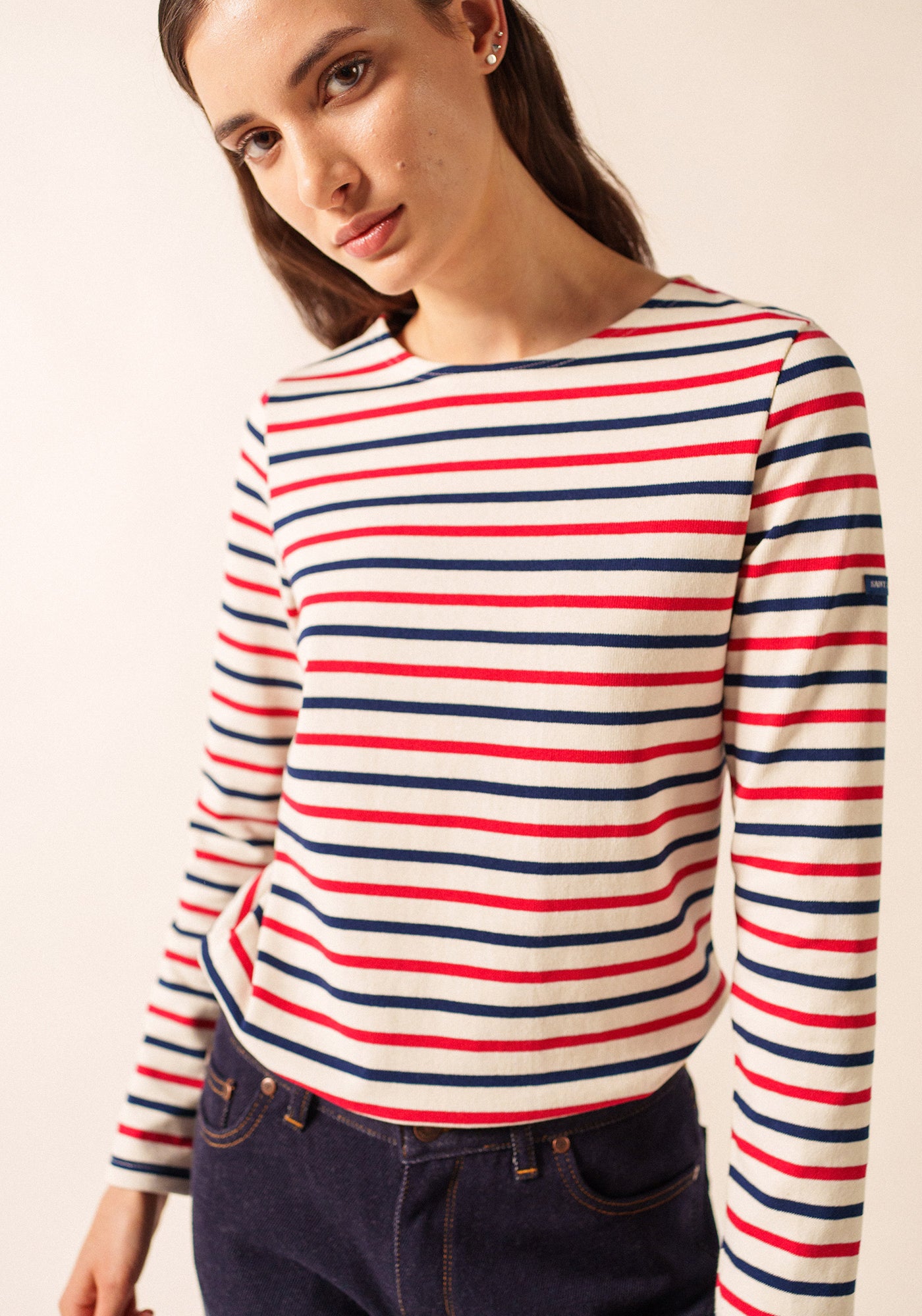 Meridame tricolour striped sailot shirt - regular fit, in thick cotton (ECRU/MARINE/TULIPE)
