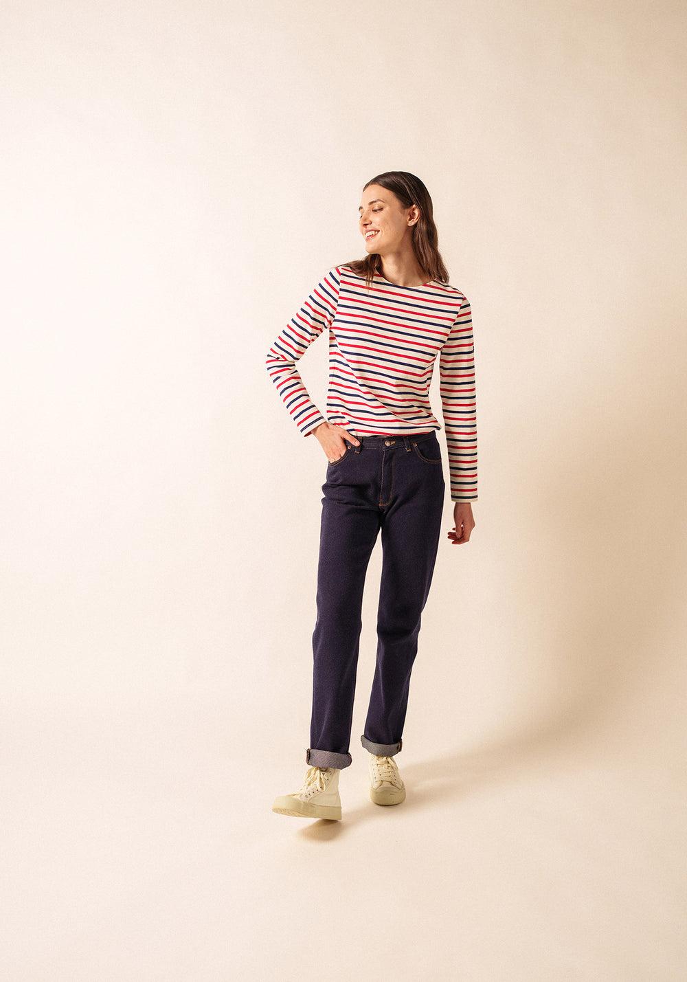 Meridame tricolour striped sailot shirt - regular fit, in thick cotton (ECRU/MARINE/TULIPE)