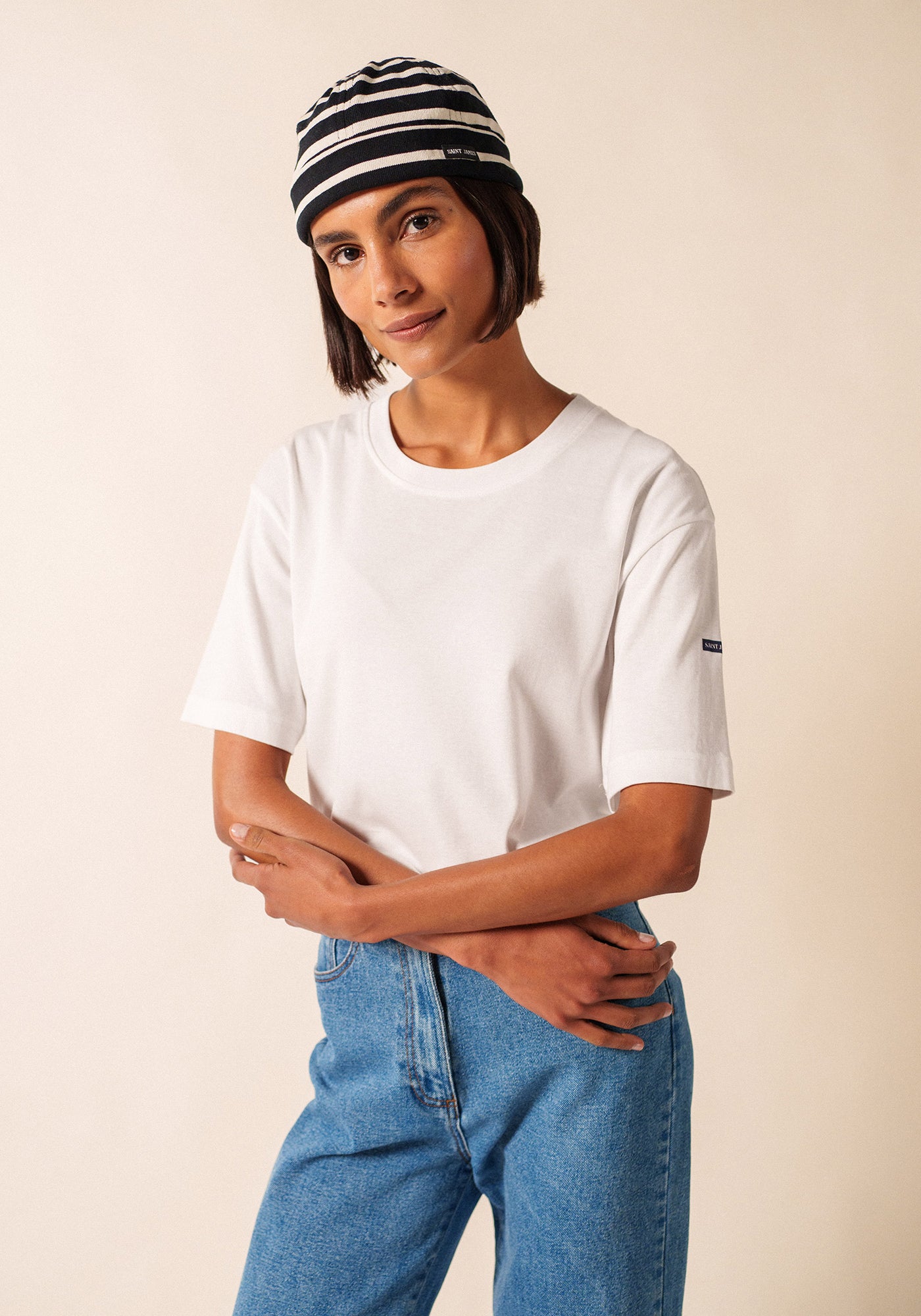 Miki Meridien deck hat - striped, in thick cotton (NOIR/ECRU)