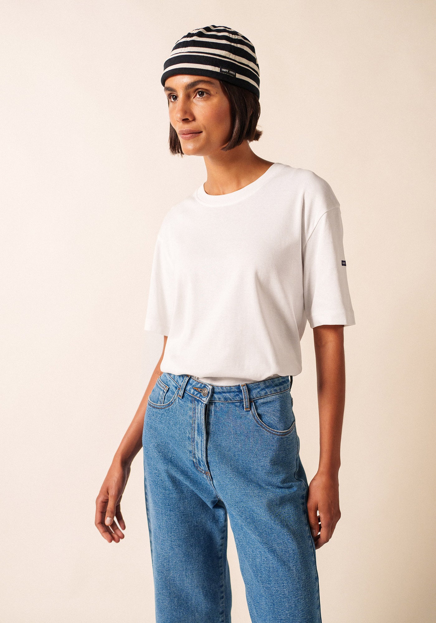 Miki Meridien deck hat - striped, in thick cotton (NOIR/ECRU)