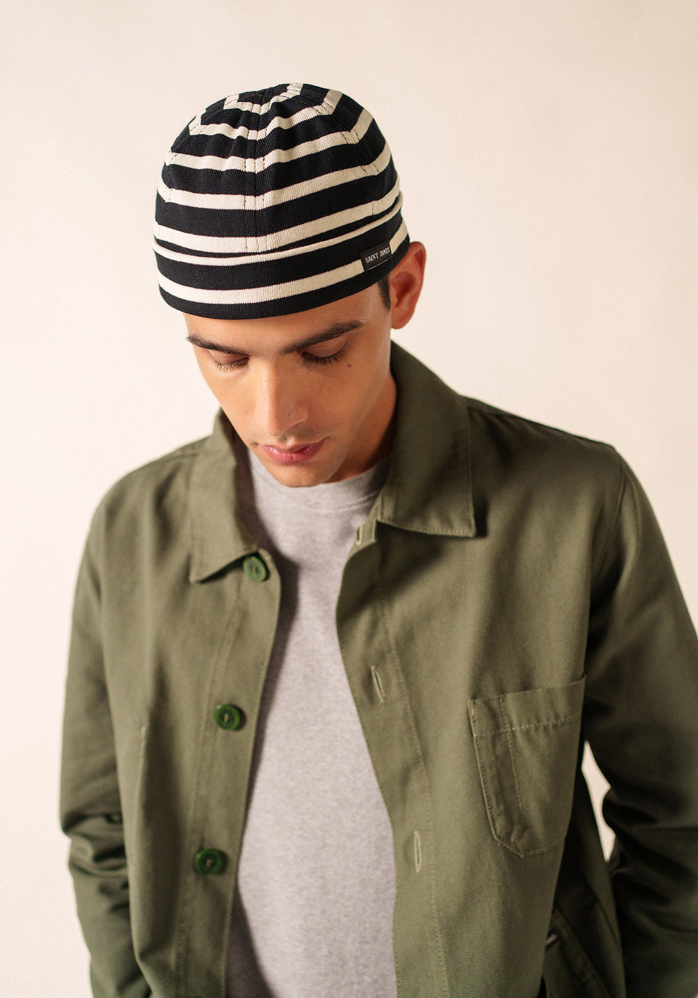 Miki Meridien deck hat - striped, in thick cotton (NOIR/ECRU)