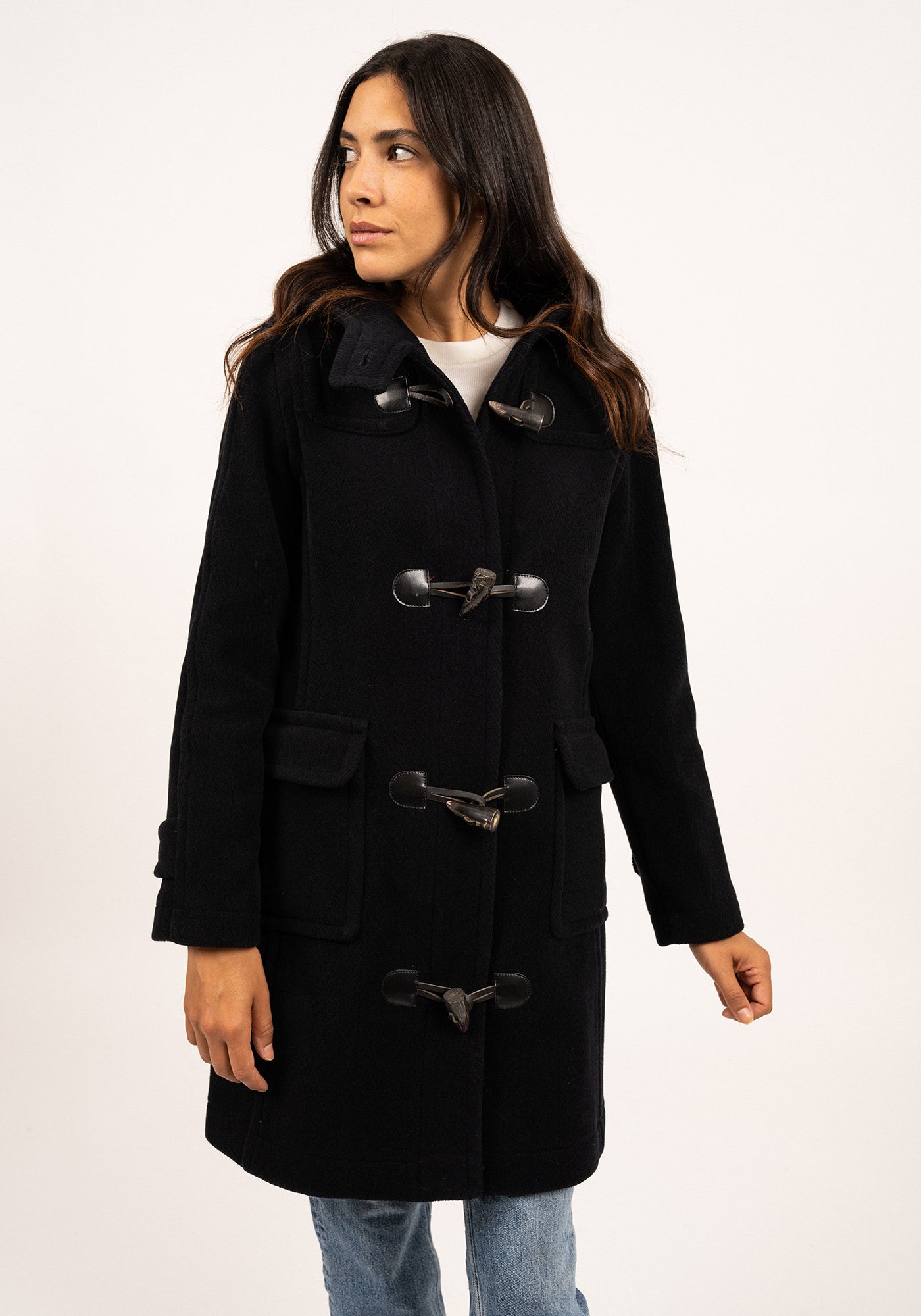 Venus classic duffle-coat - in wool, with herringbone pattern (NAVY)
