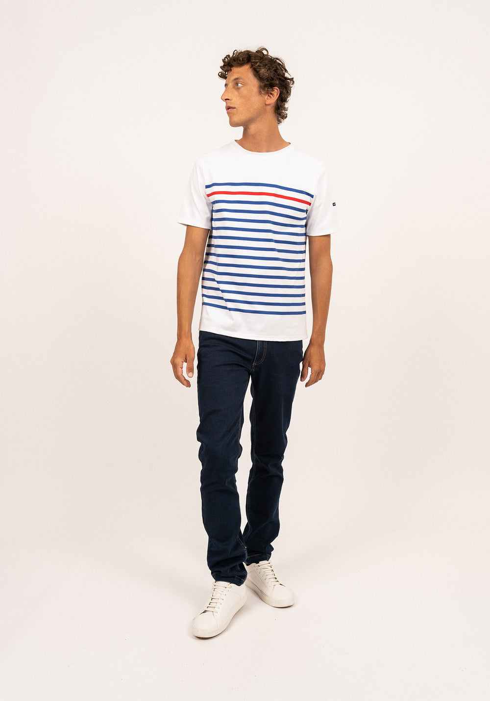 Naval short sleeve sailor shirt - placed stripe, in cotton (NEIGE/GITANE/TULIPE)