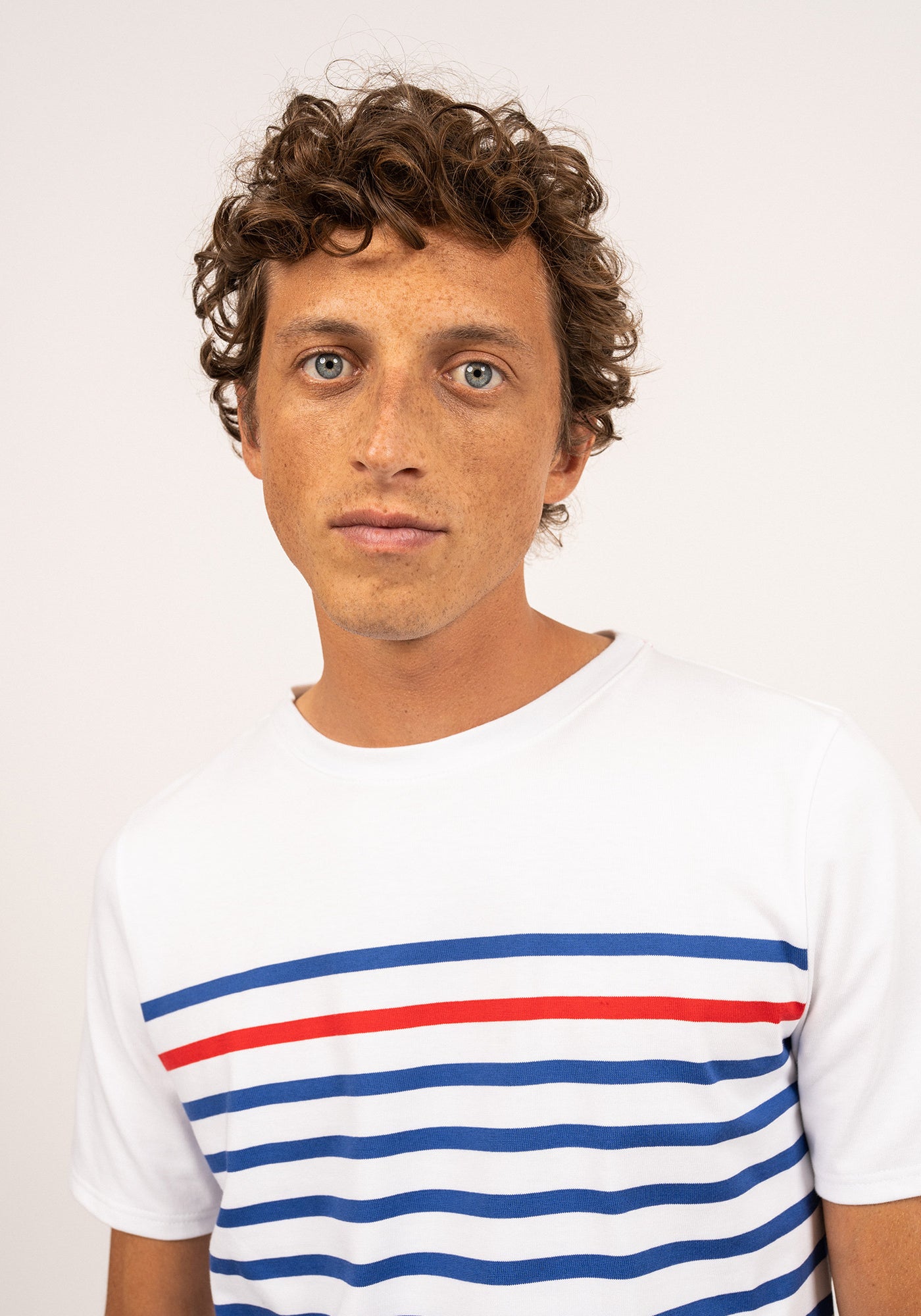 Naval short sleeve sailor shirt - placed stripe, in cotton (NEIGE/GITANE/TULIPE)