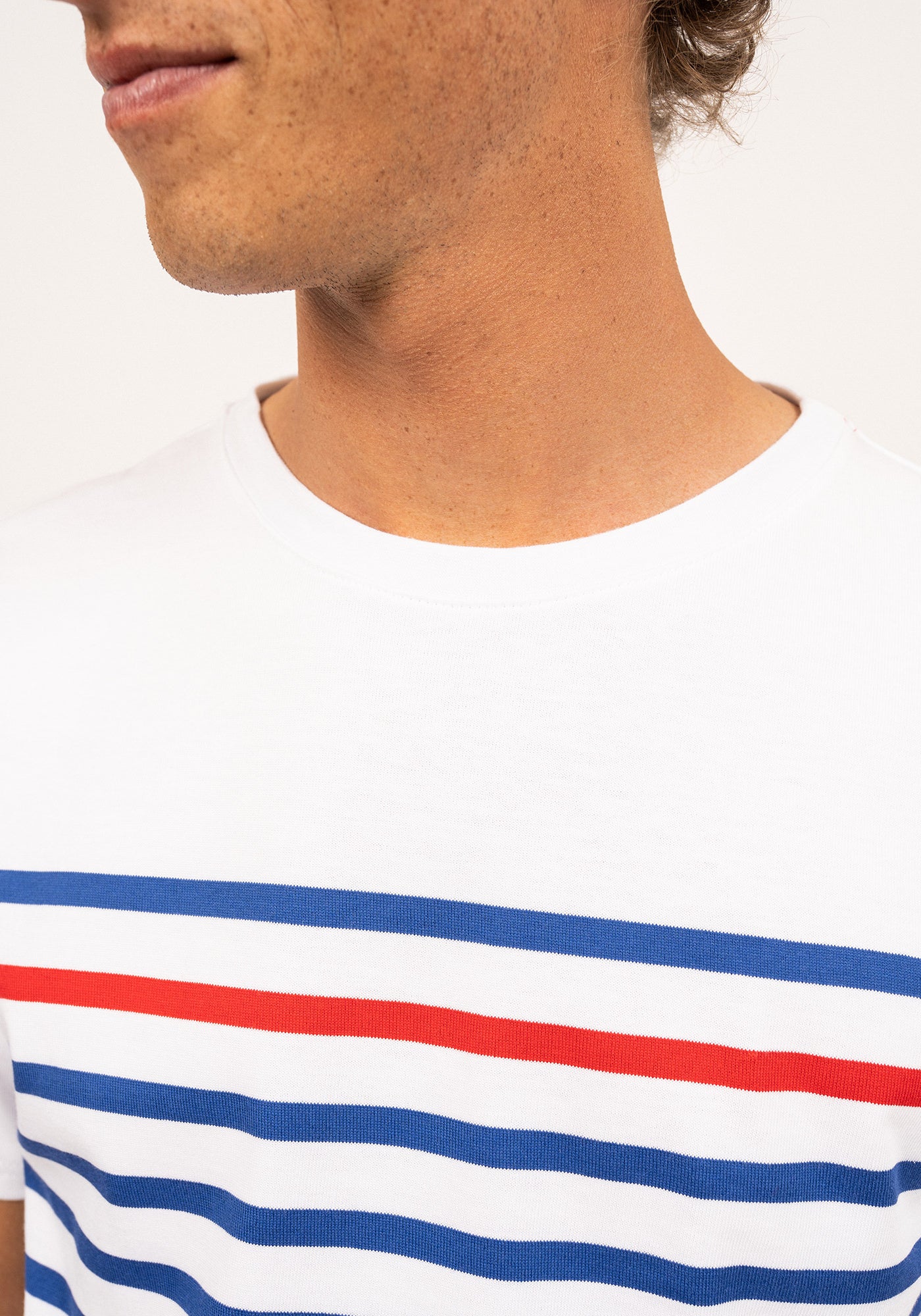 Naval short sleeve sailor shirt - placed stripe, in cotton (NEIGE/GITANE/TULIPE)